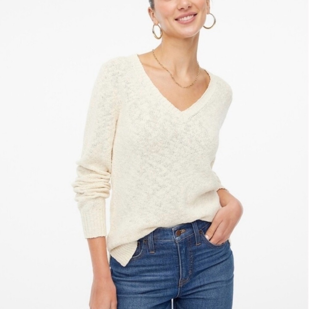 J. Crew Women's  Ivory V-Neck Slub Cotton Sweater Sz M